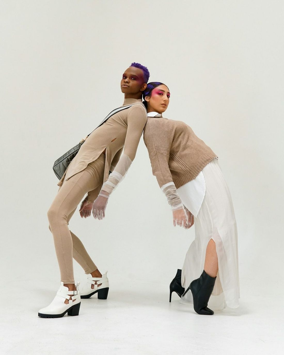 Two complete looks in beige on a light studio background